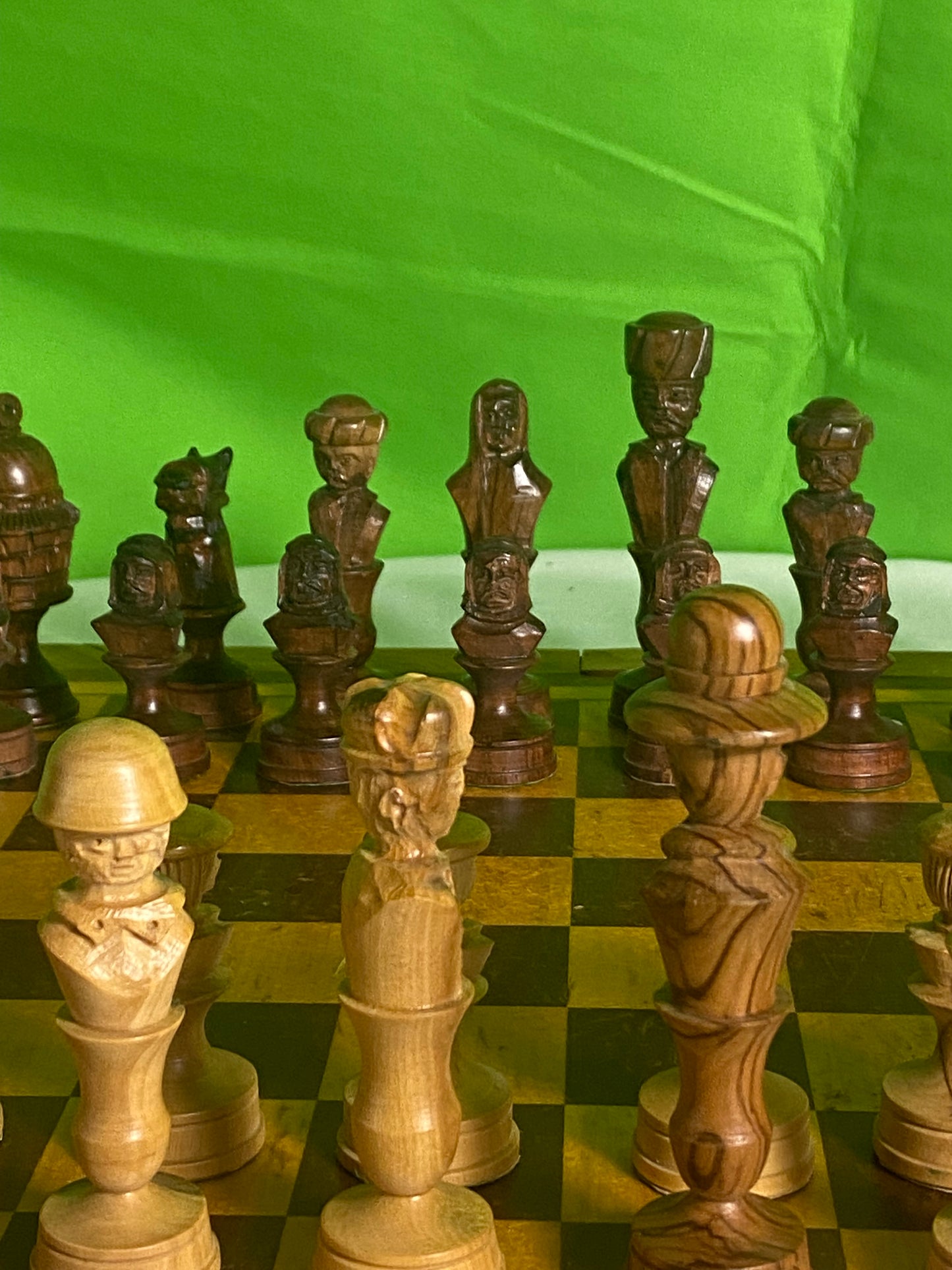 Incredible Vintage Chess Set - All Hand Carved Chess Set With Inlaid Chess Board