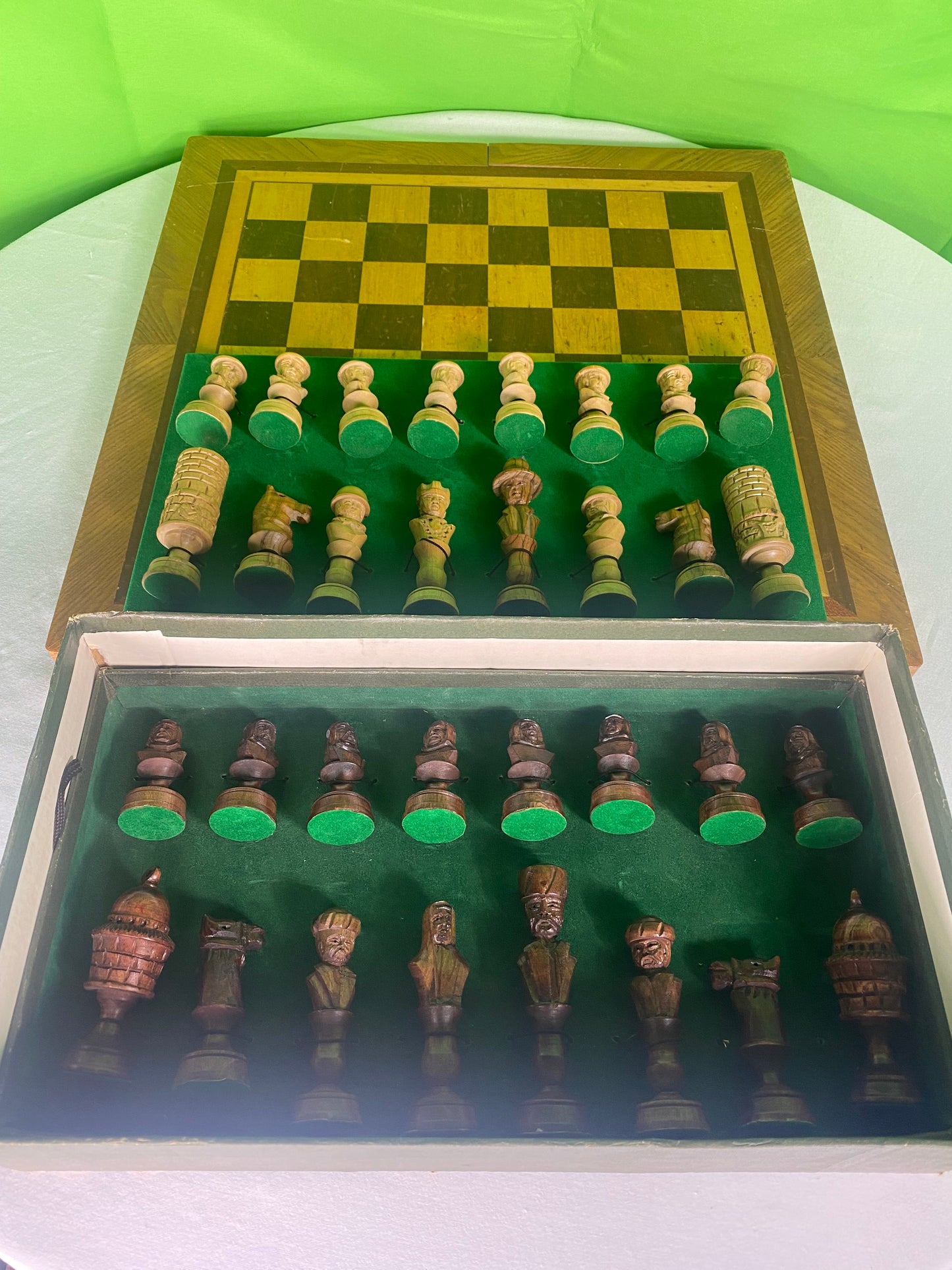 Incredible Vintage Chess Set - All Hand Carved Chess Set With Inlaid Chess Board