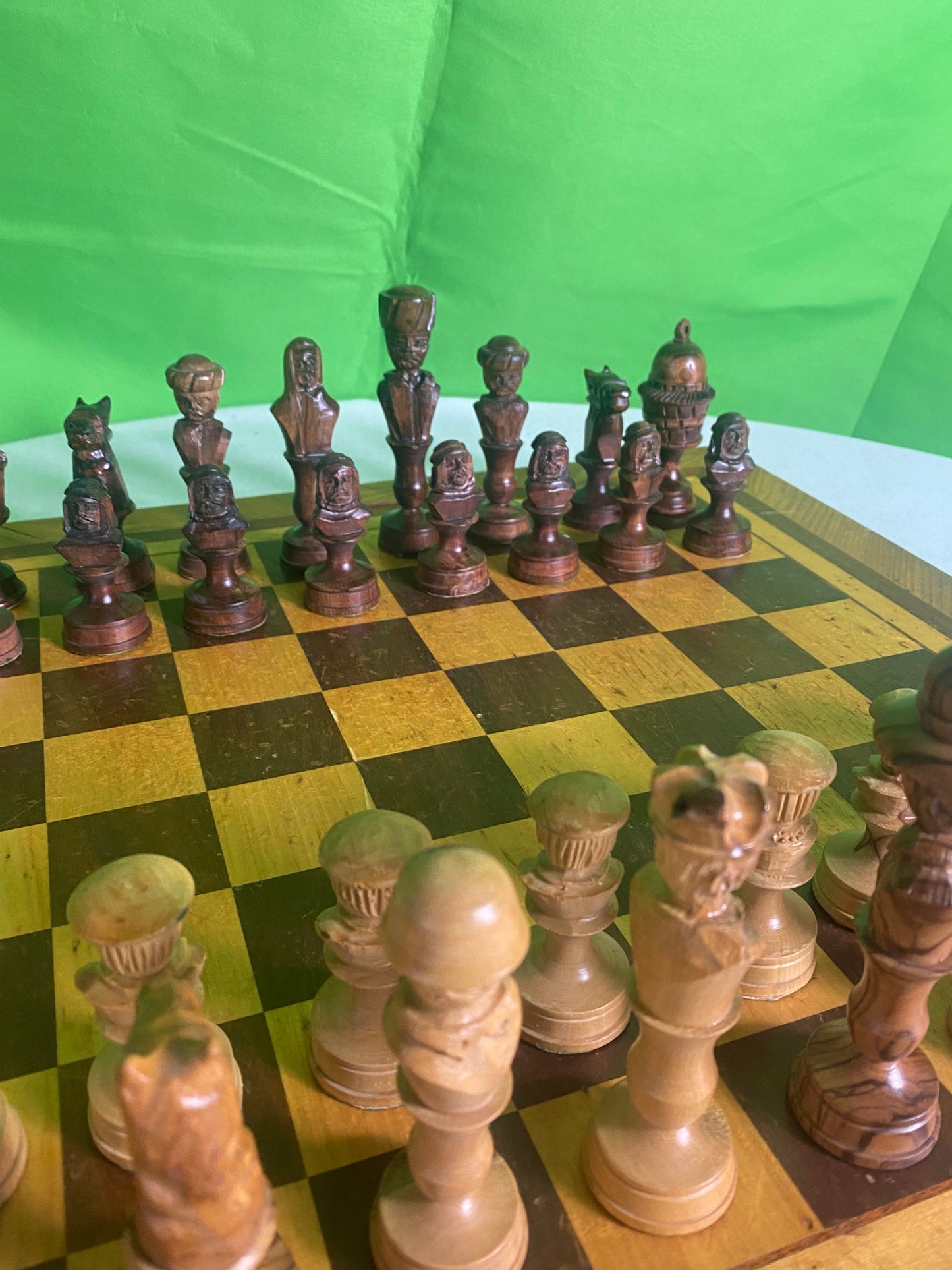 Incredible Vintage Chess Set - All Hand Carved Chess Set With Inlaid Chess Board