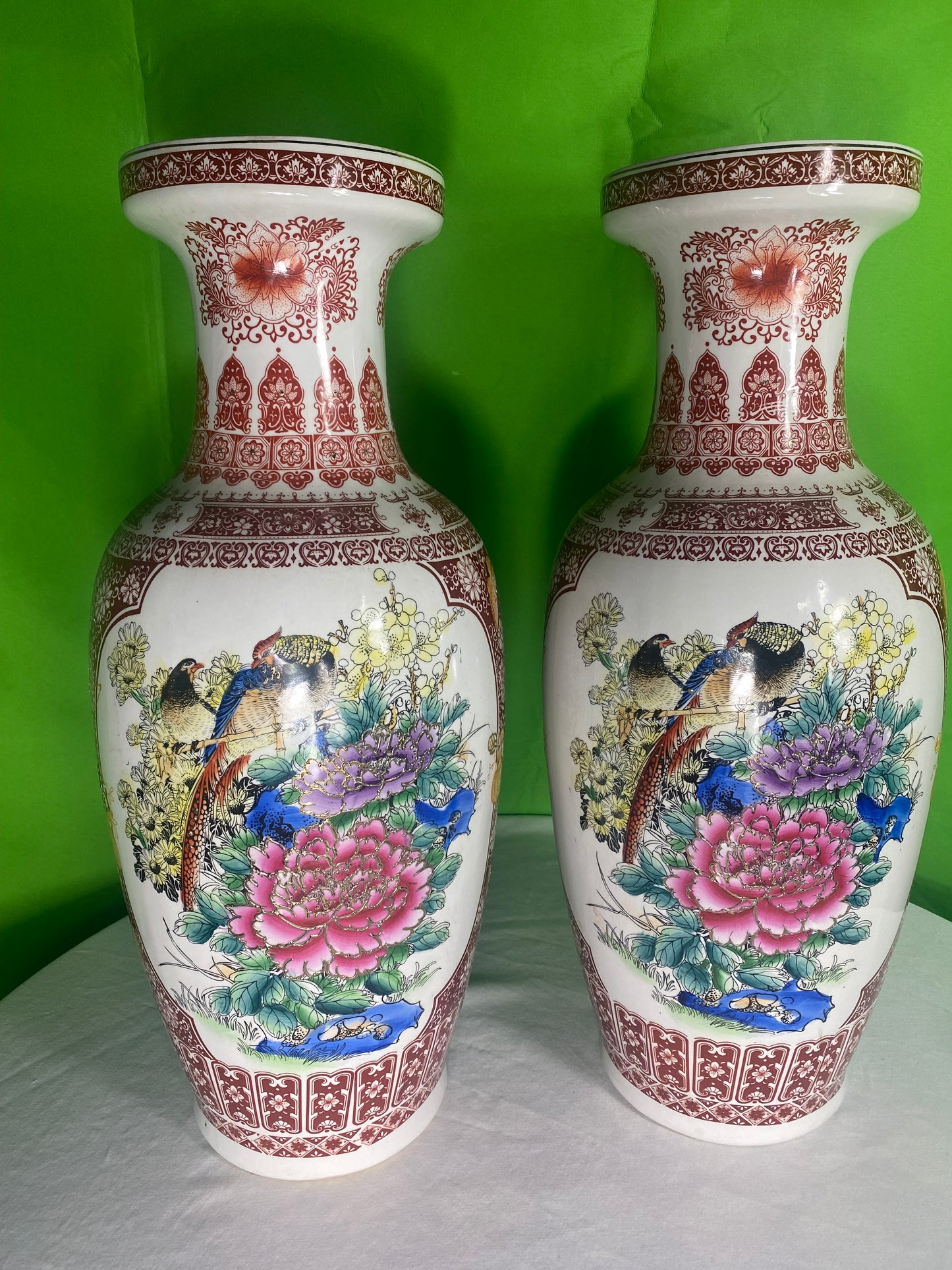 Two Very Large Asian Style Porcelain Vases With Peacocks