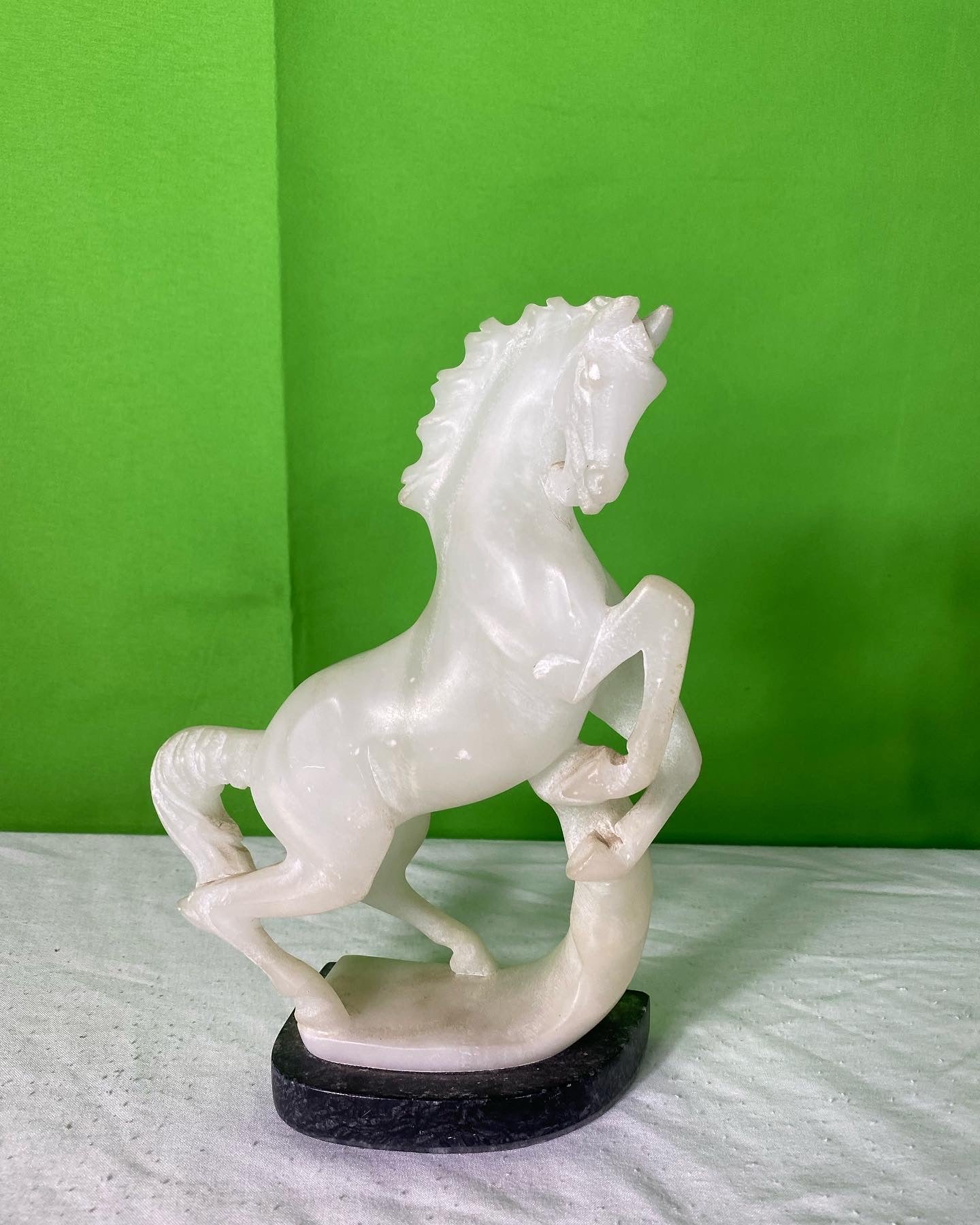 Pair Vintage Hand Carved Alabaster Stone Horse Bookends on Marble Bases