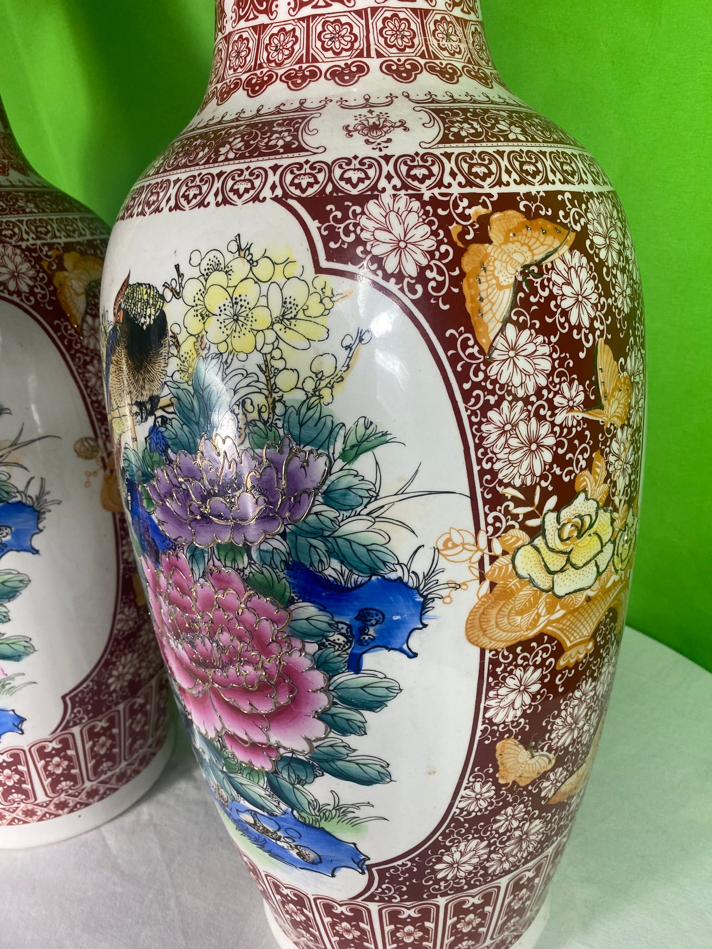 Two Very Large Asian Style Porcelain Vases With Peacocks