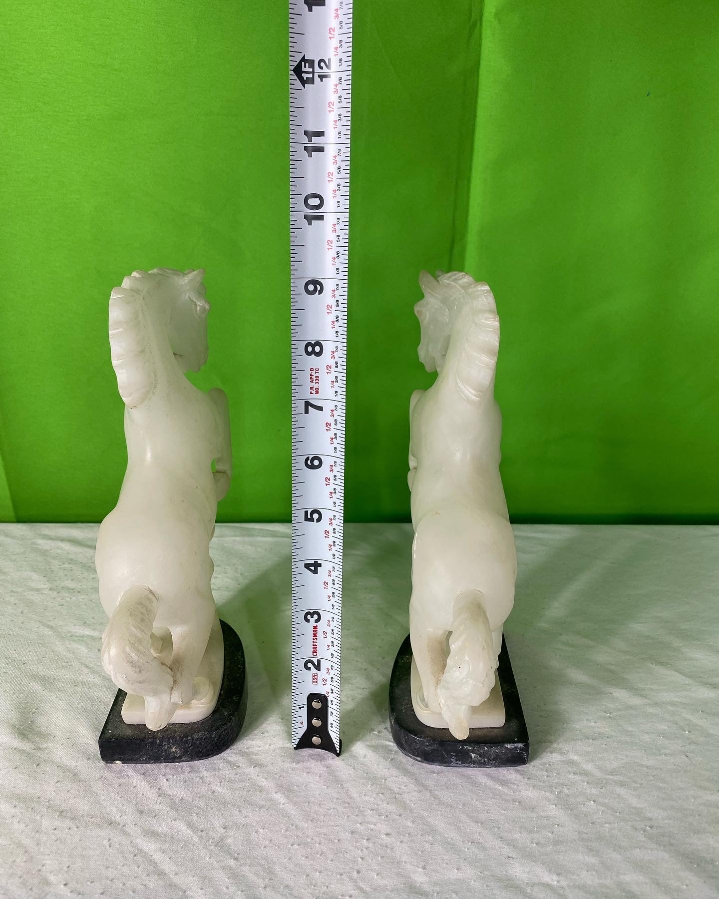 Pair Vintage Hand Carved Alabaster Stone Horse Bookends on Marble Bases