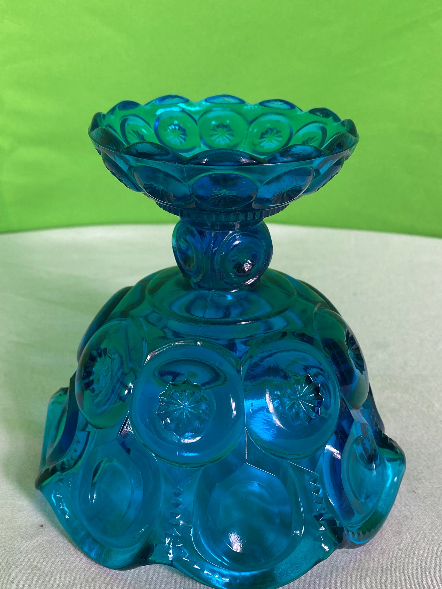 LE Smith Glass Moon And Stars Blue Round Ruffled Compote