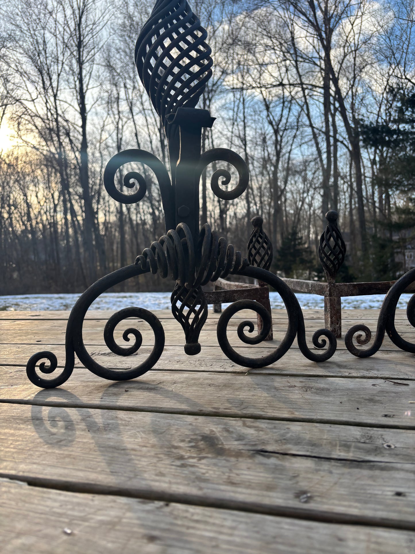 Pair of Vintage Andirons Hand Hammered Wrought Iron Spiral Finials