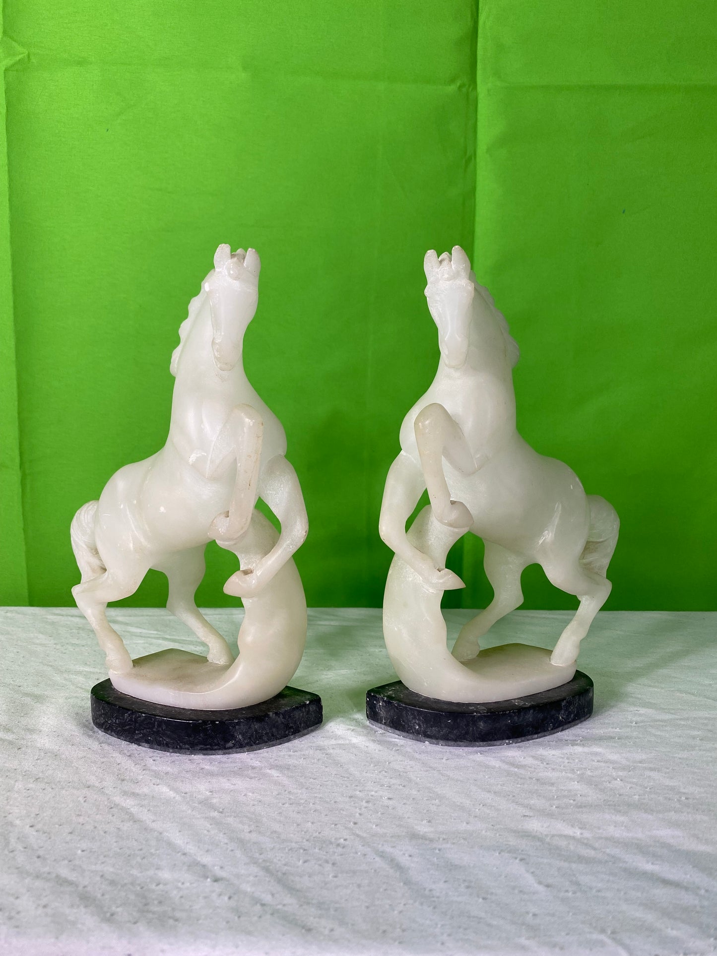 Pair Vintage Hand Carved Alabaster Stone Horse Bookends on Marble Bases