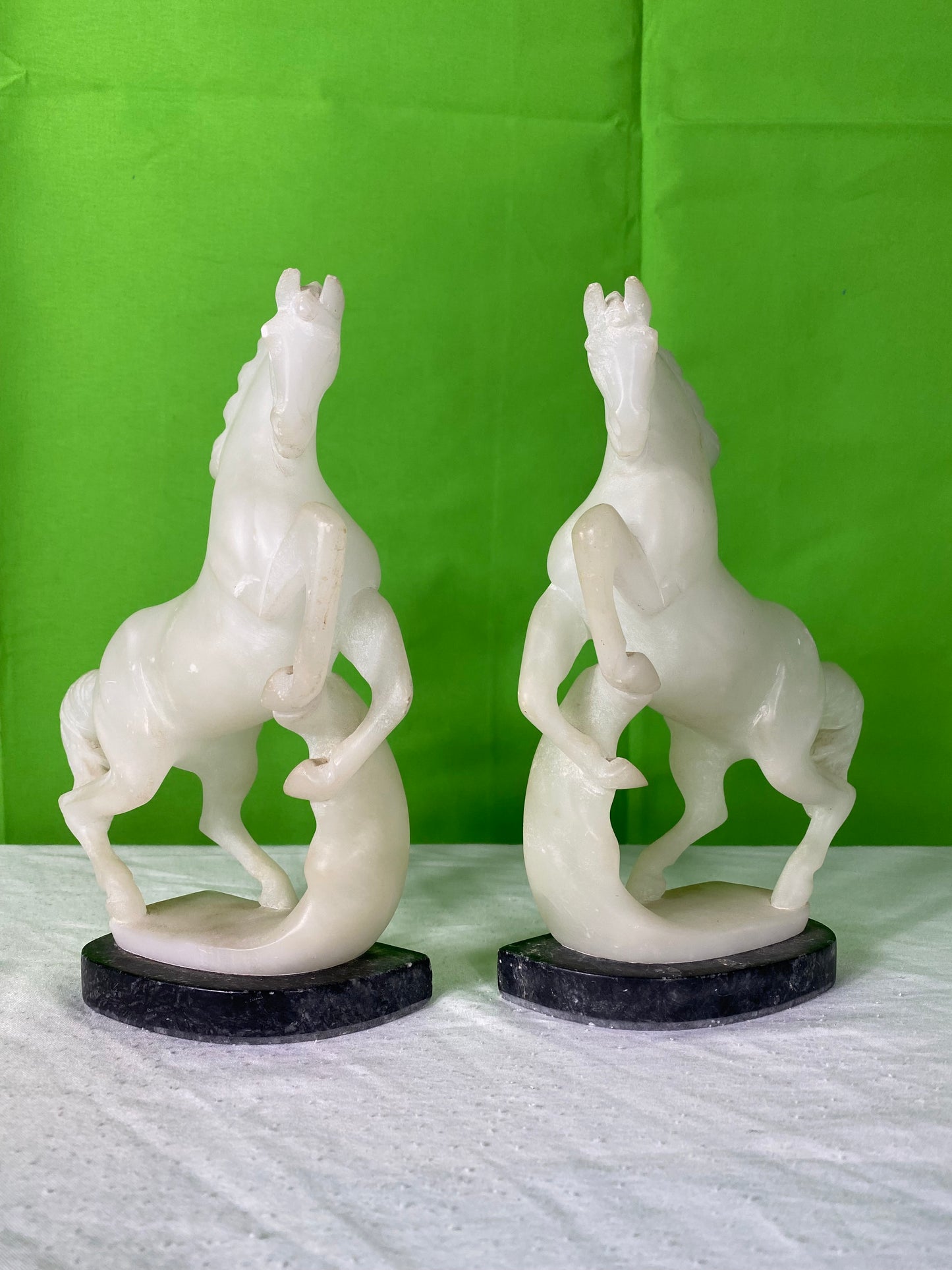 Pair Vintage Hand Carved Alabaster Stone Horse Bookends on Marble Bases