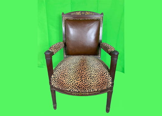 Regency Style Armchair with Leopard and Leather upholstery with Bronze Mounts