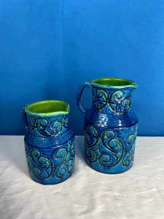 Pair 1960s Mid-Century Modern Aldo Londi For Bitossi Blue Rimini Pitchers