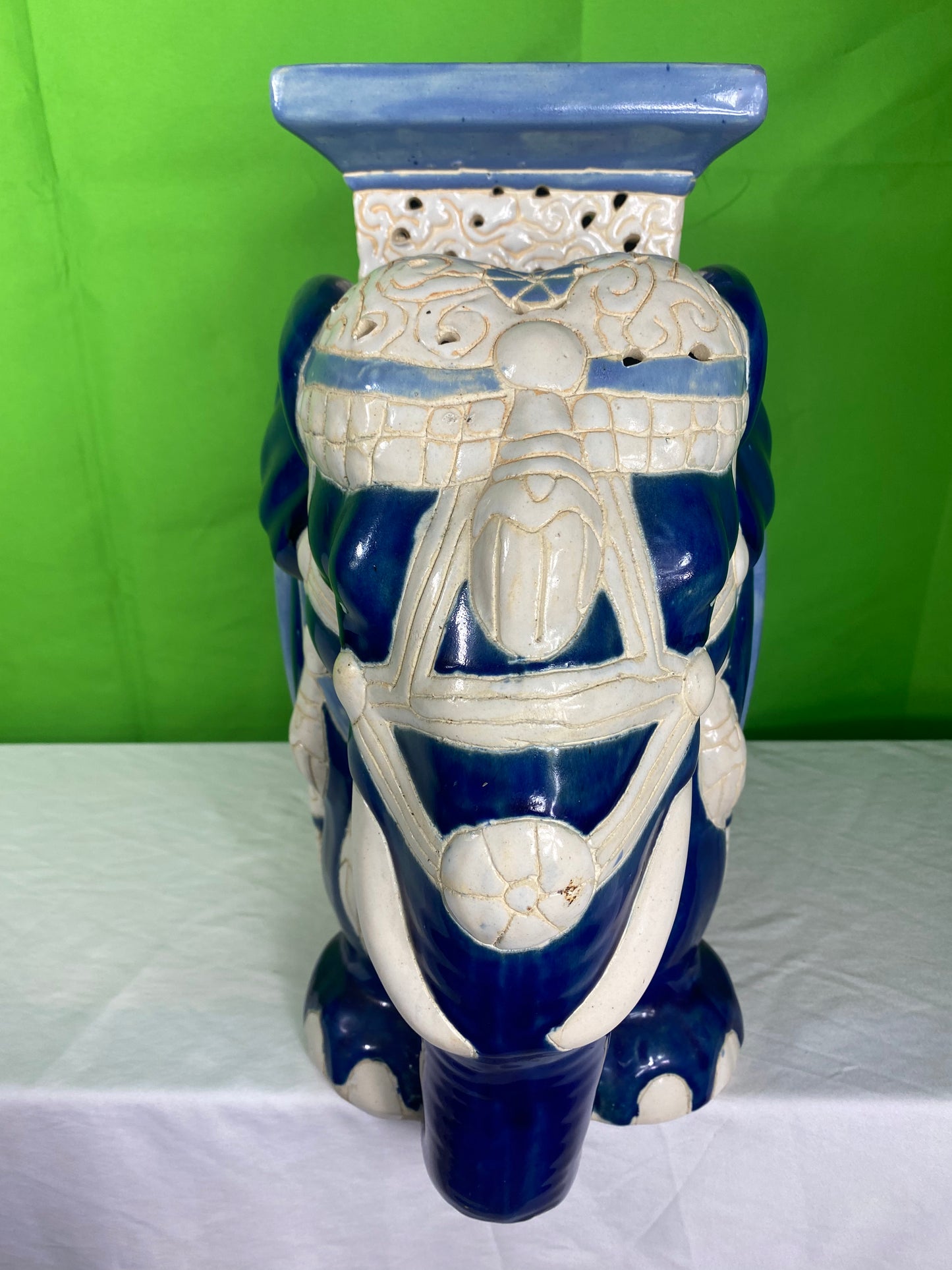 Vintage Large Blue & White Ceramic Chinoiserie Elephant Garden Stool  & Plant Stand