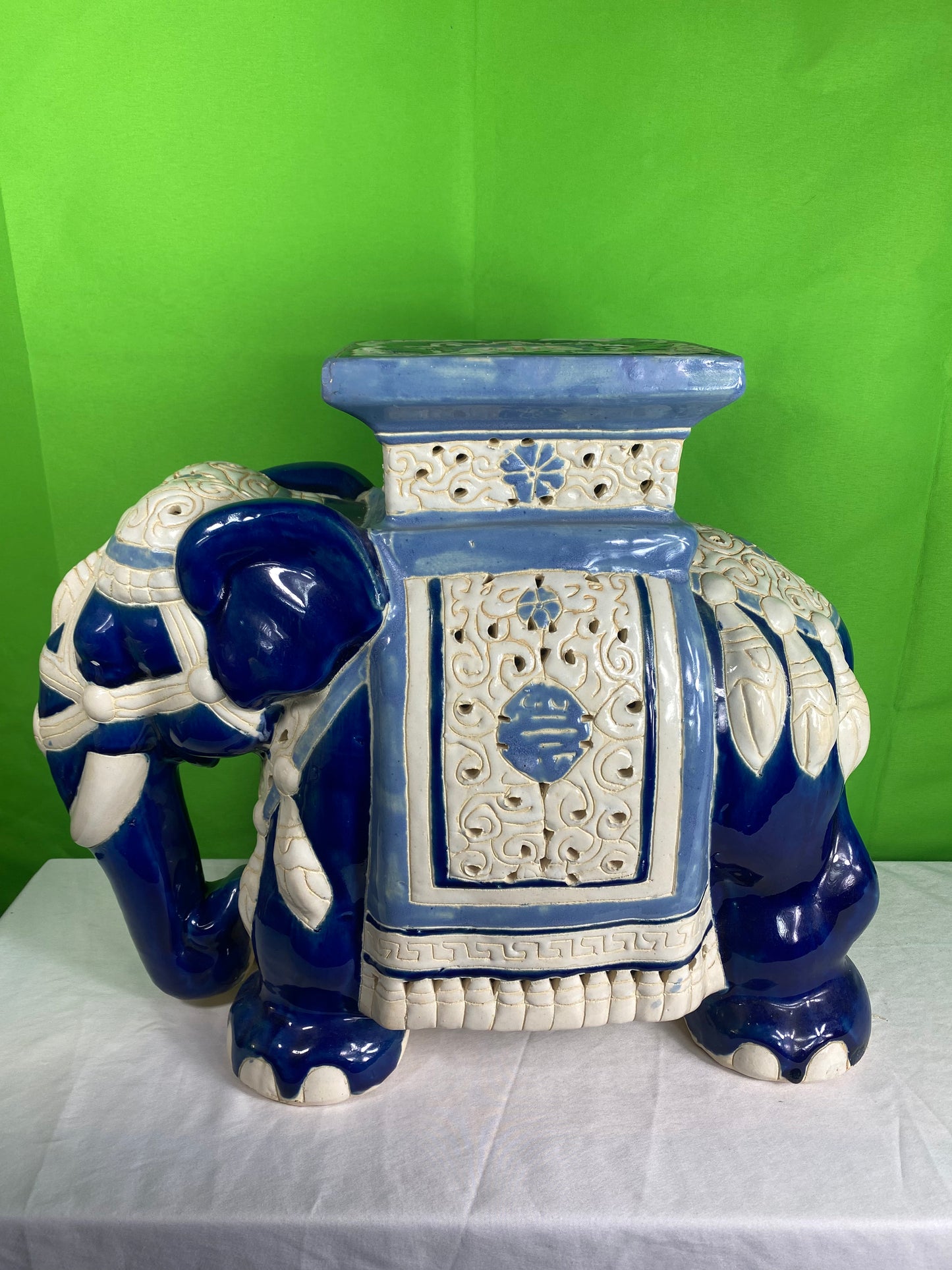 Vintage Large Blue & White Ceramic Chinoiserie Elephant Garden Stool  & Plant Stand