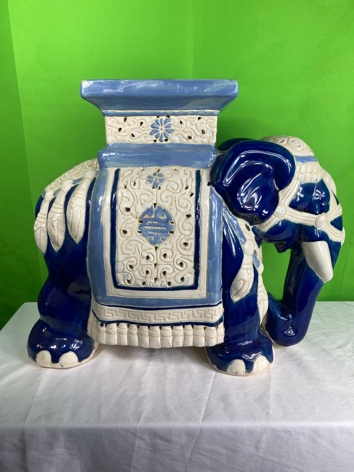 Vintage Large Blue & White Ceramic Chinoiserie Elephant Garden Stool  & Plant Stand