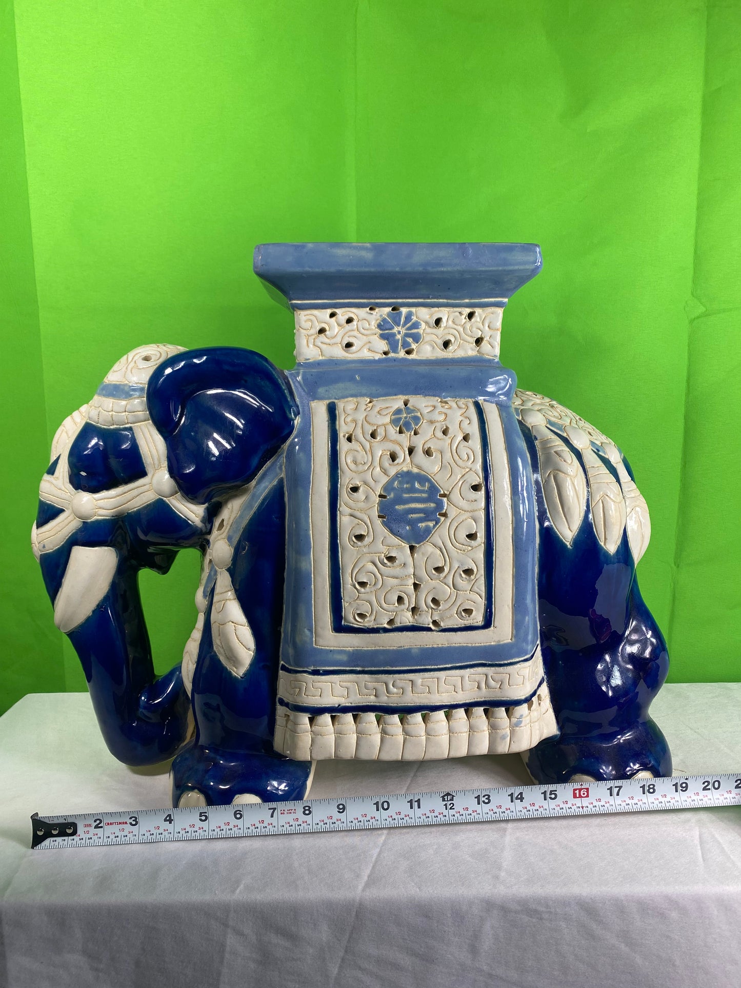 Vintage Large Blue & White Ceramic Chinoiserie Elephant Garden Stool  & Plant Stand