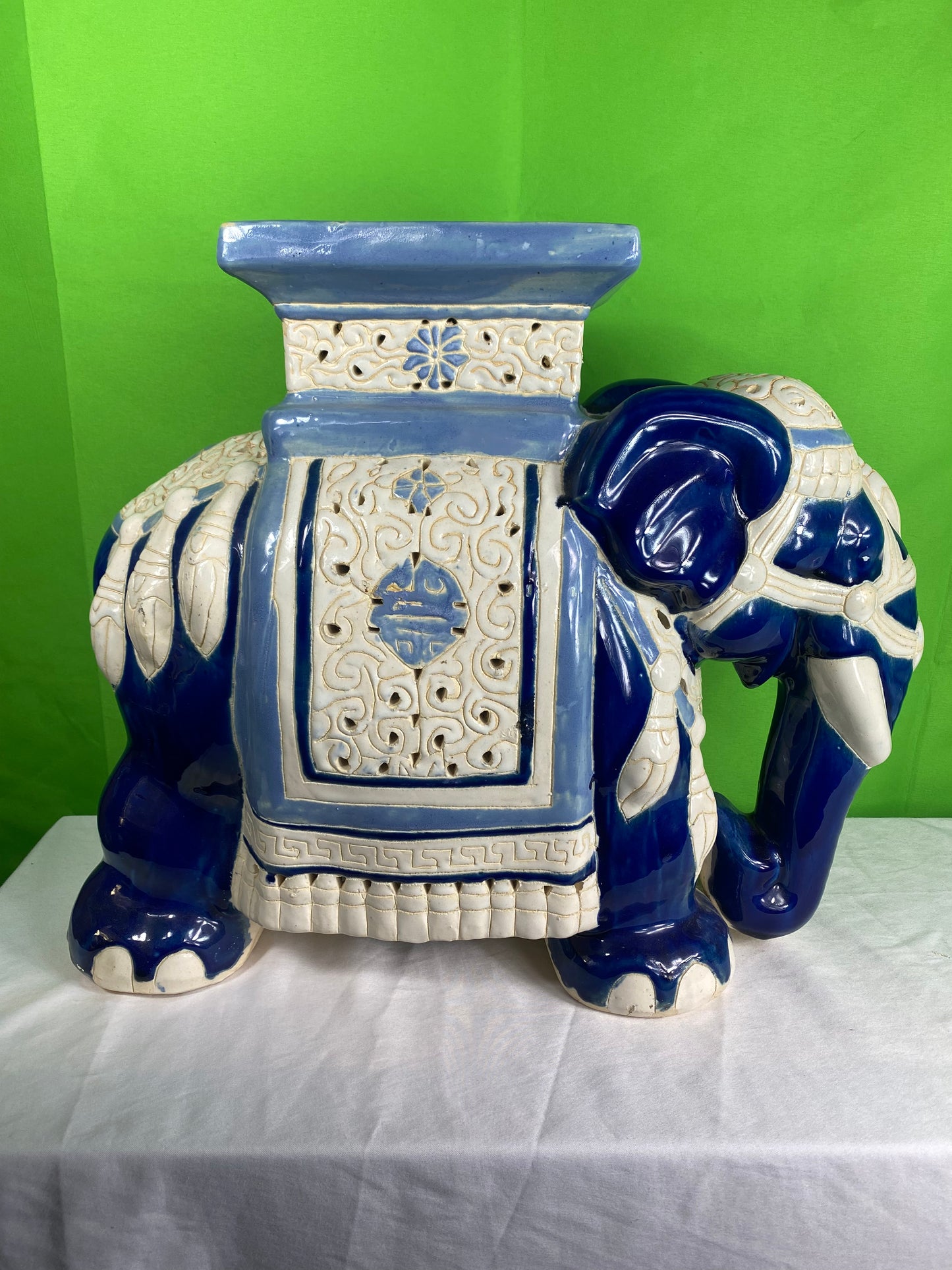 Vintage Large Blue & White Ceramic Chinoiserie Elephant Garden Stool  & Plant Stand