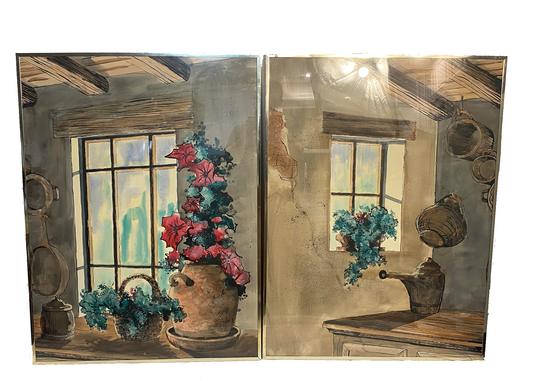 Vintage Antique Glass Frame Canvas Painting "Country Window" by Artist Alberto