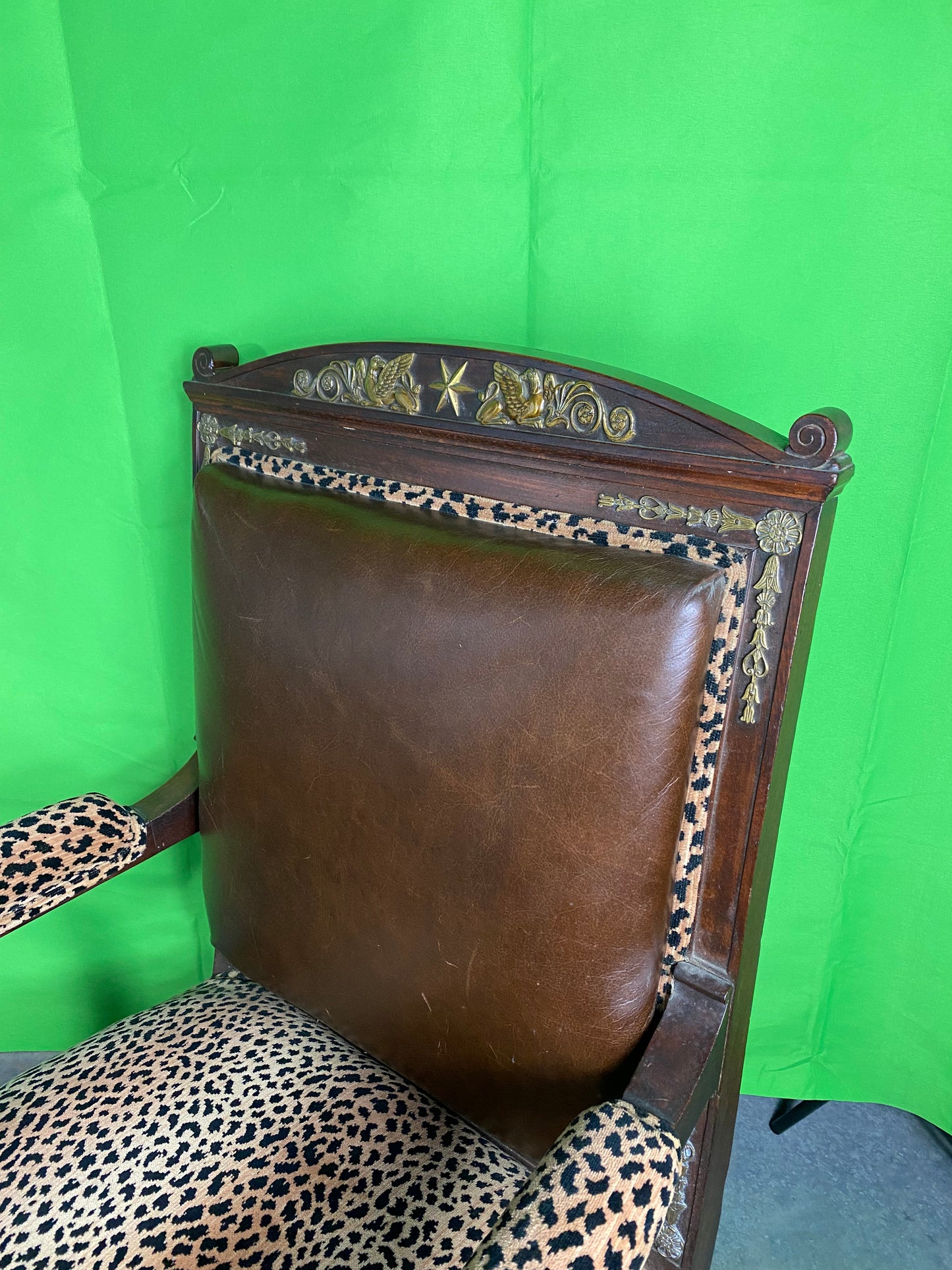 Regency Style Armchair with Leopard and Leather upholstery with Bronze Mounts