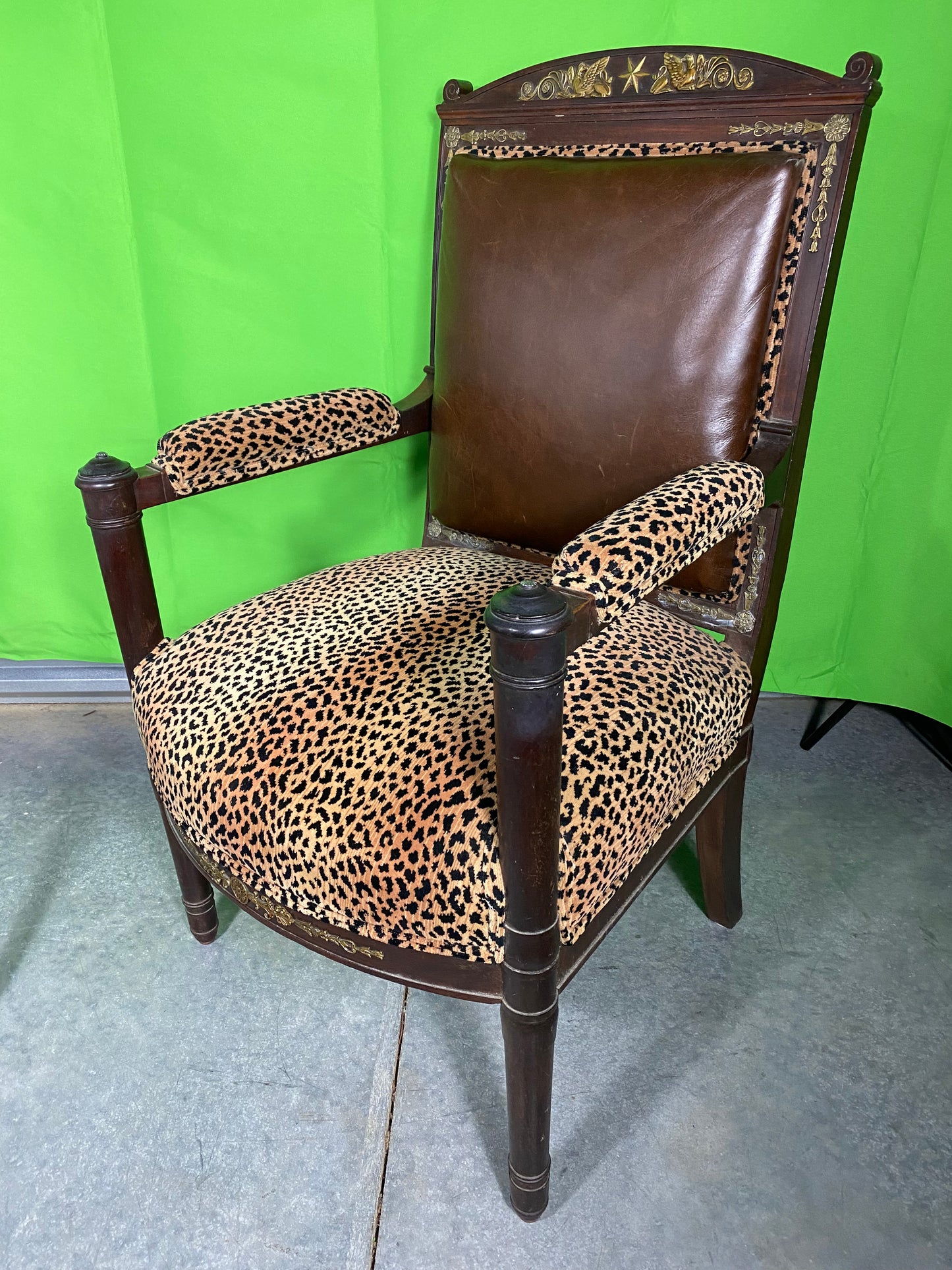 Regency Style Armchair with Leopard and Leather upholstery with Bronze Mounts