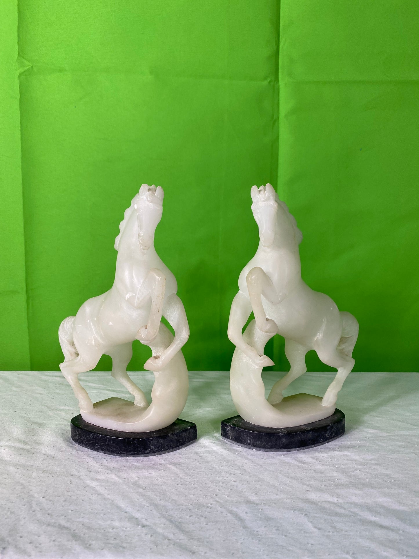 Pair Vintage Hand Carved Alabaster Stone Horse Bookends on Marble Bases