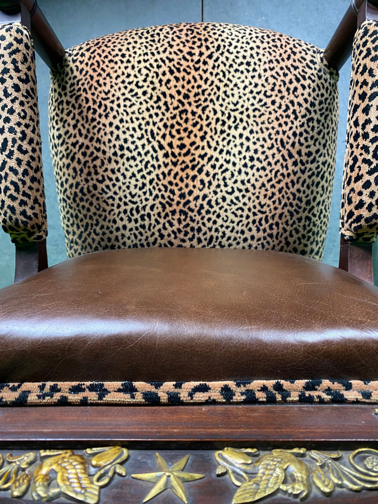 Regency Style Armchair with Leopard and Leather upholstery with Bronze Mounts