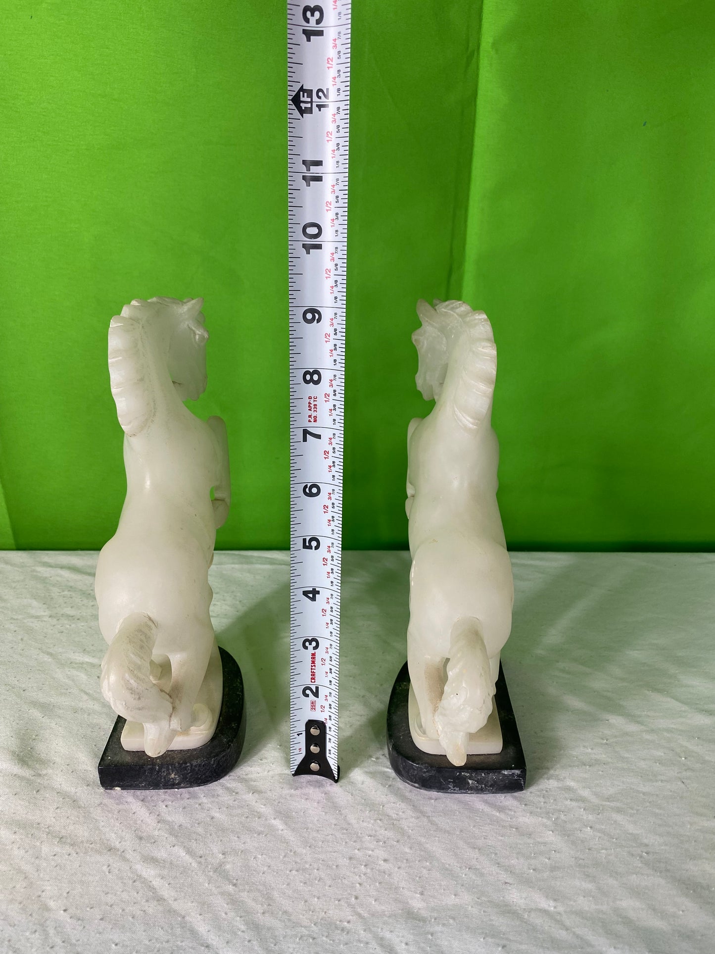 Pair Vintage Hand Carved Alabaster Stone Horse Bookends on Marble Bases