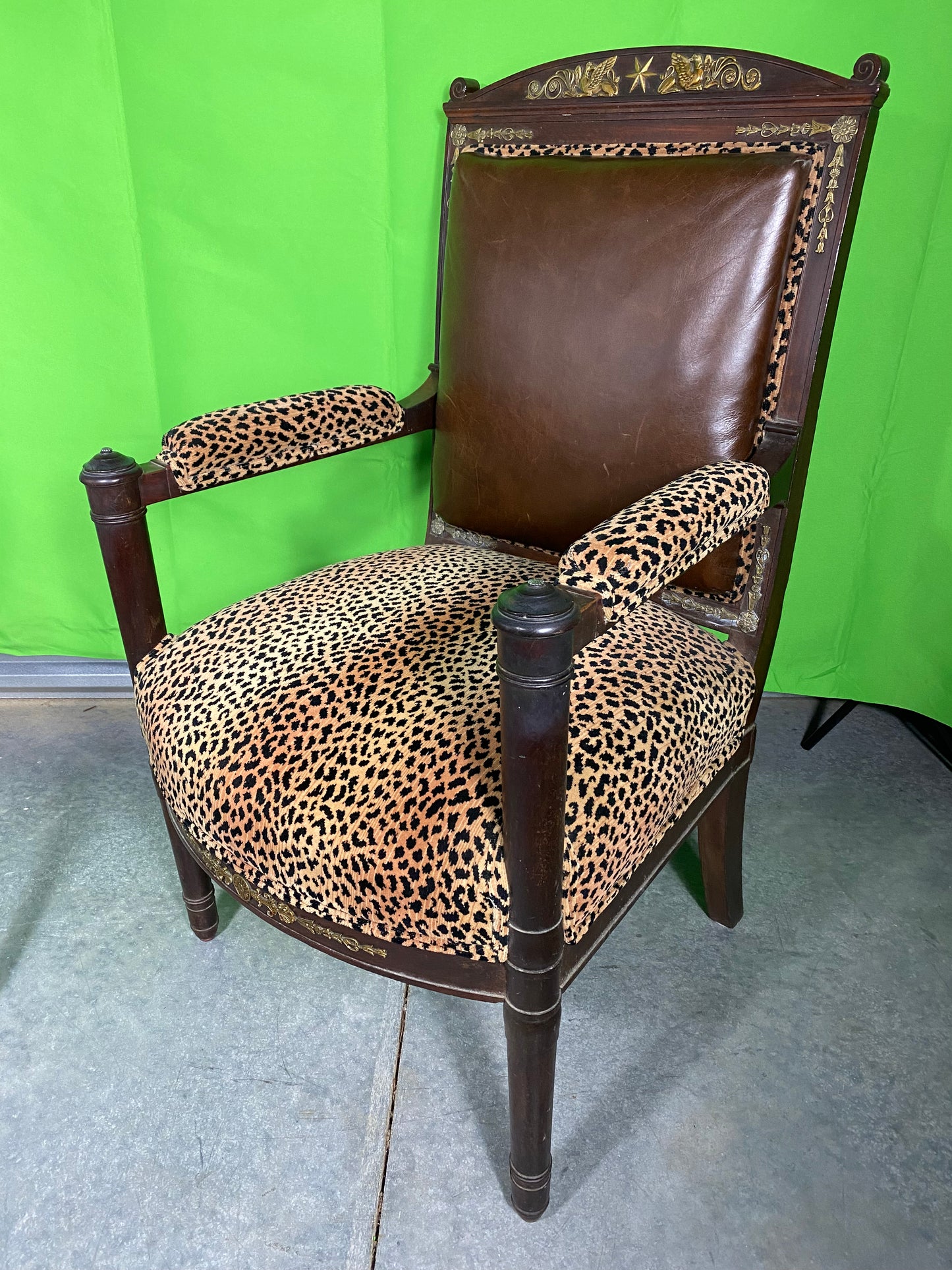 Regency Style Armchair with Leopard and Leather upholstery with Bronze Mounts